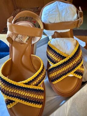Robert Clergerie Tan Sandals with Yellow & Dark Brown Crochet Straps